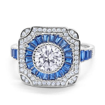 Antique Style Engagement Ring Baguette Simulated Blue Sapphire CZ 925 Sterling Silver